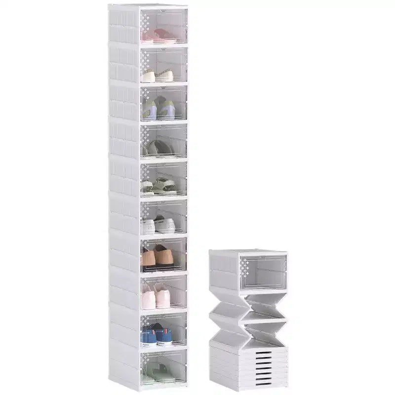 HOMCOM Shoe Boxes Clear Plastic Stackable Shoe Organizer with Clear Door, Foldable Sneaker Storage Boxes, No Assembly, Fit Size 10, White