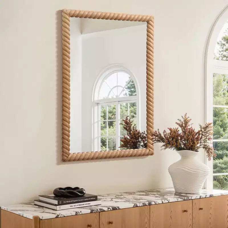 Miroir mural rectangulaire à cadre en bois de hêtre, marron, décoratif et de courtoisie
