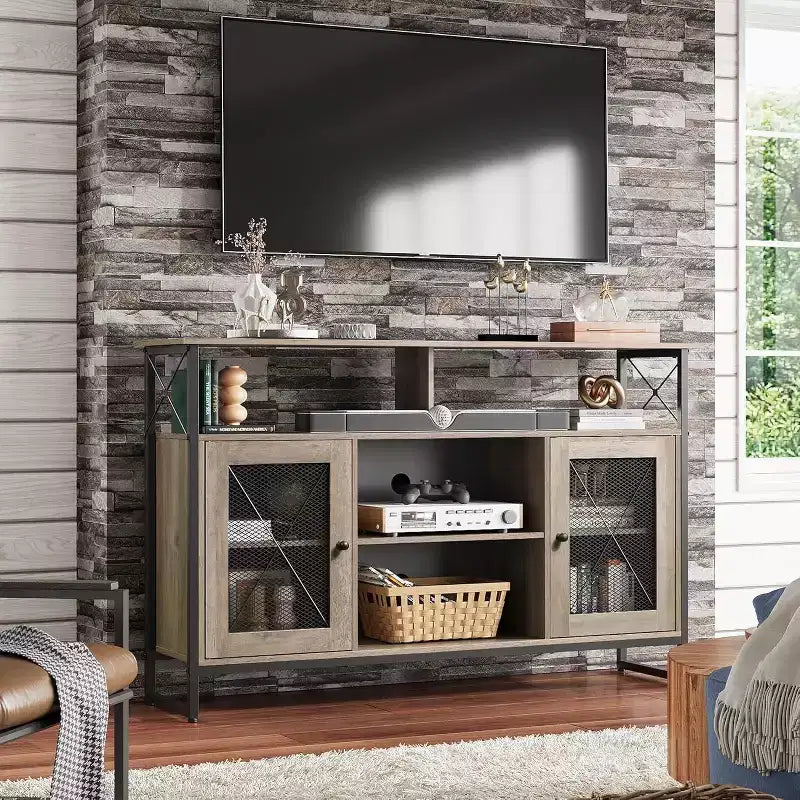 Meuble TV pour télévision de 55 pouces, meuble TV haut avec rangement, console TV industrielle