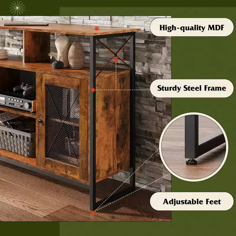Meuble TV pour télévision de 55 pouces, meuble TV haut avec rangement, console TV industrielle