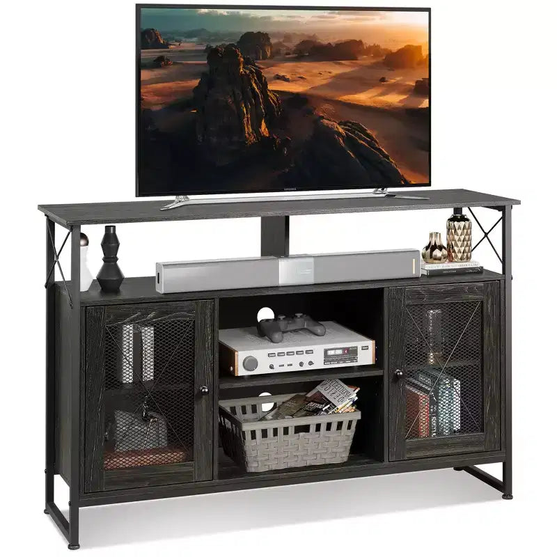 Meuble TV pour télévision de 55 pouces, meuble TV haut avec rangement, console TV industrielle