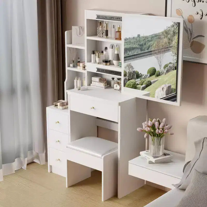 Coiffeuse avec miroir lumineux et table, petite coiffeuse d'angle avec rangement pour la gauche du lit