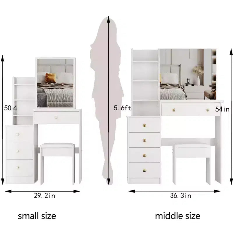 Coiffeuse avec miroir lumineux et table, petite coiffeuse d'angle avec rangement pour la gauche du lit