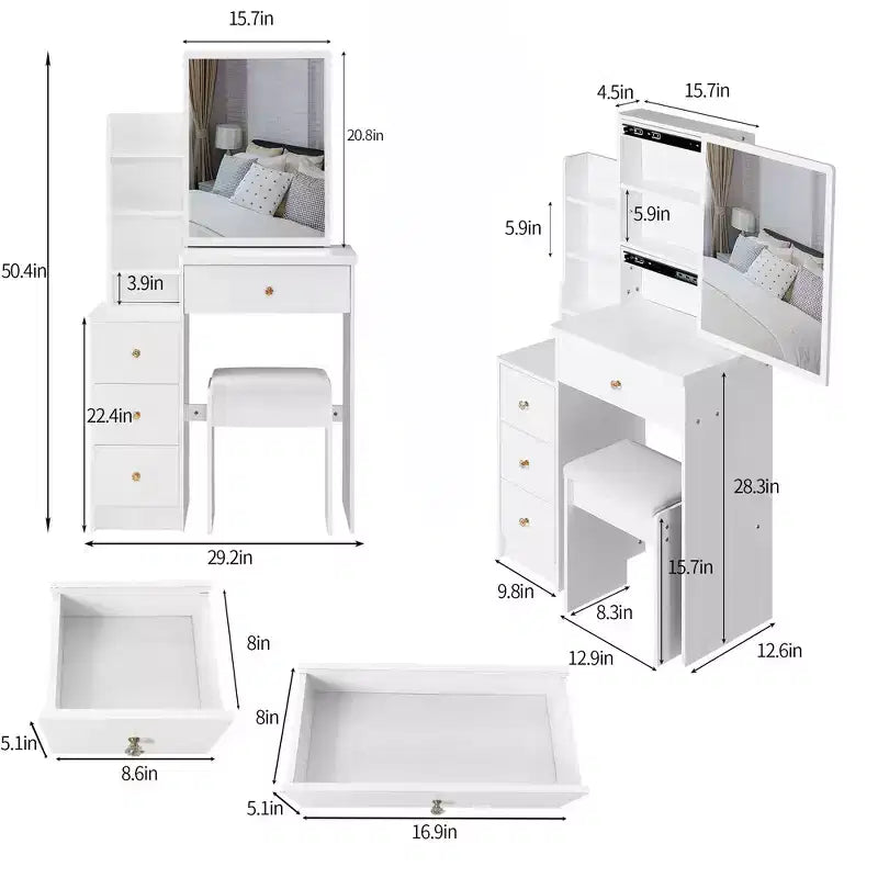 Coiffeuse avec miroir lumineux et table, petite coiffeuse d'angle avec rangement pour la gauche du lit