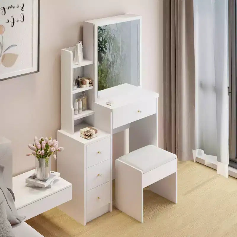 Coiffeuse avec miroir lumineux et table, petite coiffeuse d'angle avec rangement pour la gauche du lit