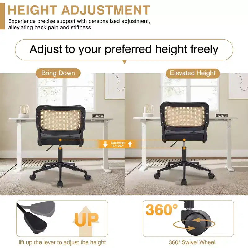 Fauteuil de bureau en cuir, chaise pivotante réglable en hauteur sans accoudoirs à roulettes pour coiffeuse