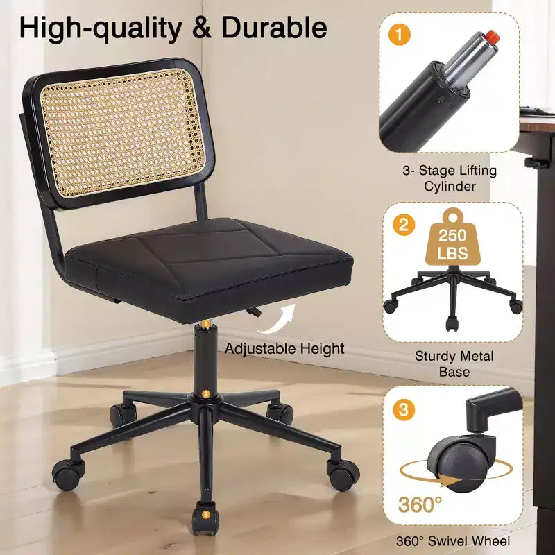 Fauteuil de bureau en cuir, chaise pivotante réglable en hauteur sans accoudoirs à roulettes pour coiffeuse