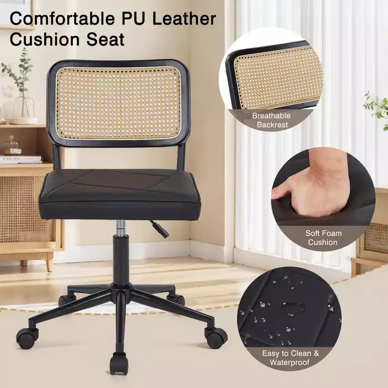 Fauteuil de bureau en cuir, chaise pivotante réglable en hauteur sans accoudoirs à roulettes pour coiffeuse