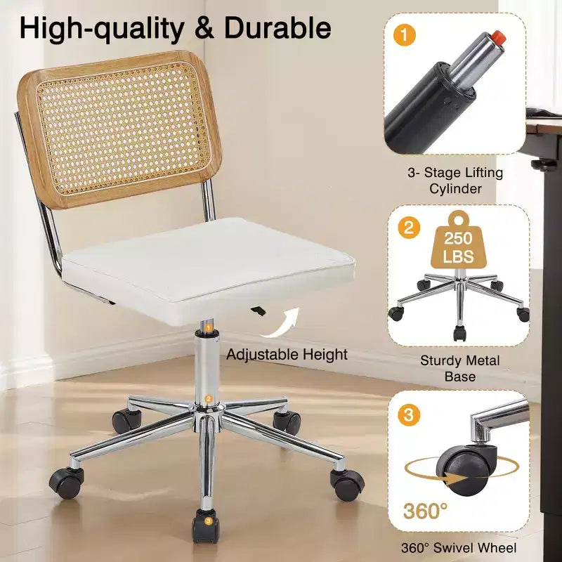 Fauteuil de bureau en cuir, chaise pivotante réglable en hauteur sans accoudoirs à roulettes pour coiffeuse