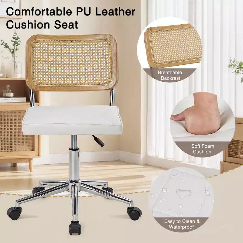 Fauteuil de bureau en cuir, chaise pivotante réglable en hauteur sans accoudoirs à roulettes pour coiffeuse