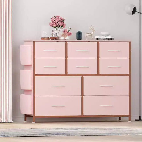 Commode en tissu à 10 tiroirs avec plateau en bois, poches latérales et crochets pour chambre à coucher