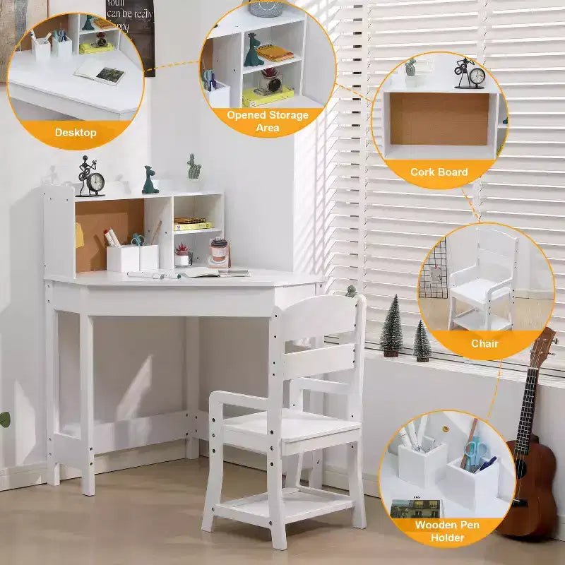 Bureau et chaise d'étude pour enfants, Table d'étude d'angle pour enfants avec étagère, Chaise réglable