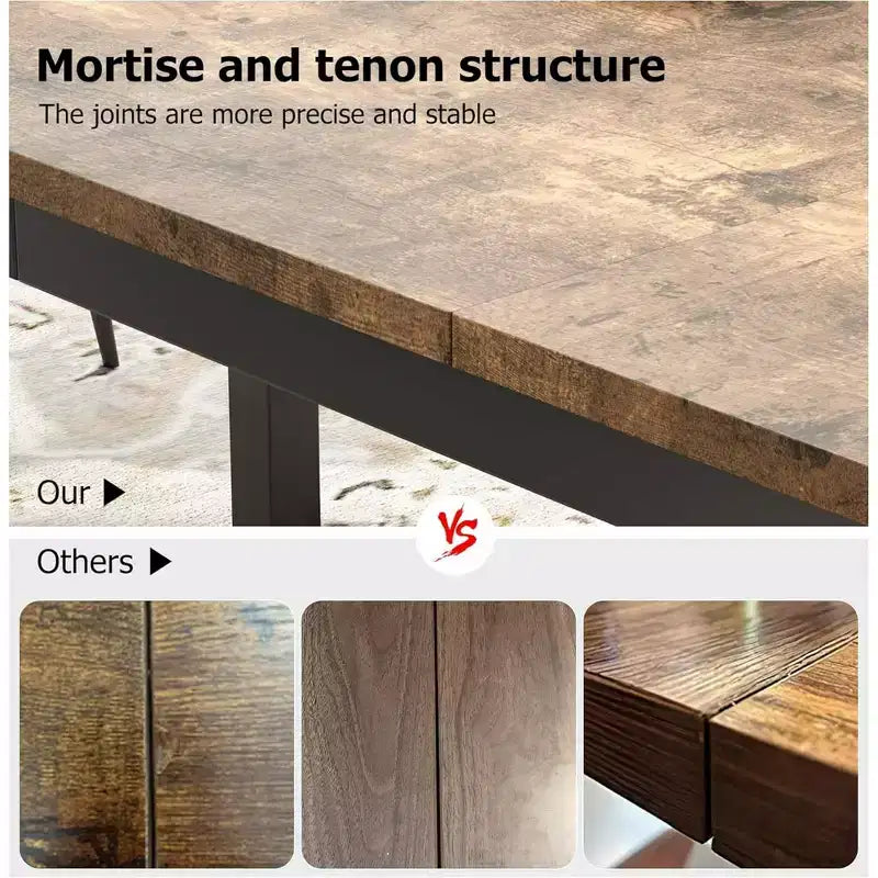 Table de salle à manger rectangulaire avec plateau en bois et pieds en métal, idéale comme table de cuisine