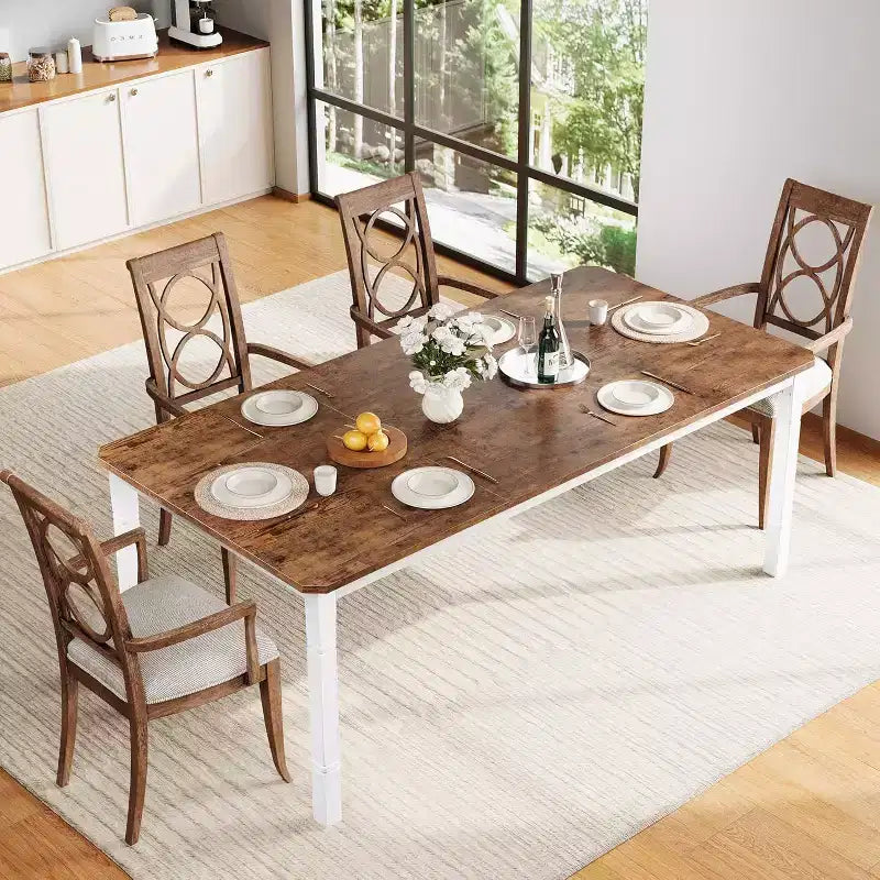 Table de salle à manger rectangulaire avec plateau en bois et pieds en métal, idéale comme table de cuisine