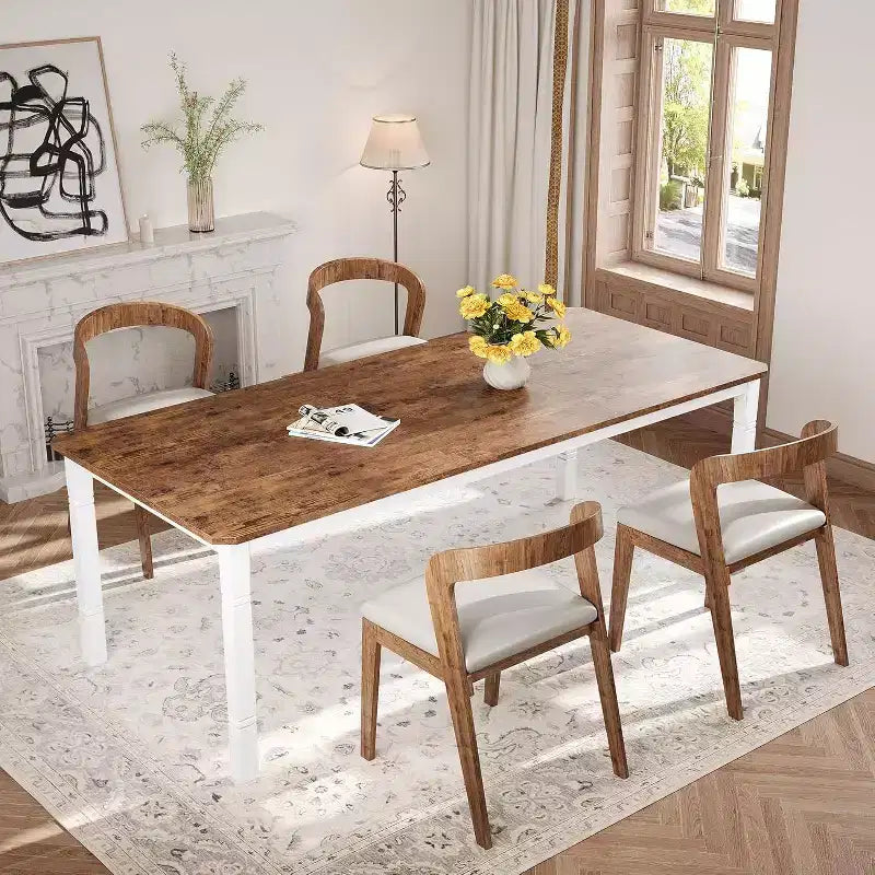 Table de salle à manger rectangulaire avec plateau en bois et pieds en métal, idéale comme table de cuisine