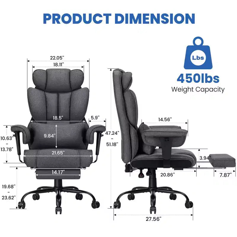 Fauteuil de bureau ergonomique en lin pour cadres, 200 kg, avec support lombaire massant 2 points