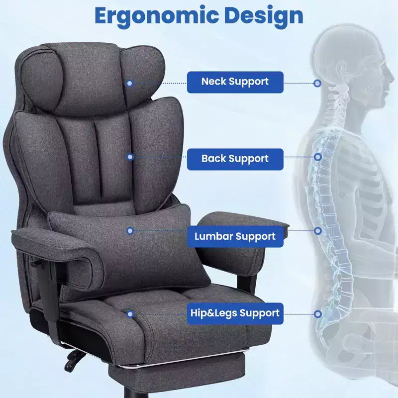 Fauteuil de bureau ergonomique en lin pour cadres, 200 kg, avec support lombaire massant 2 points