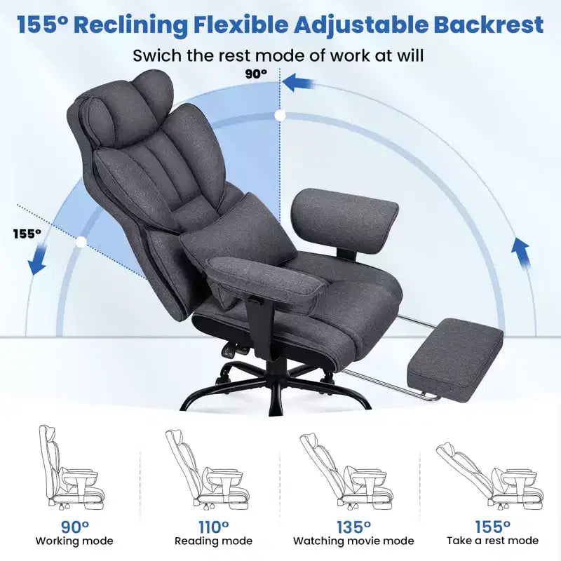 Fauteuil de bureau ergonomique en lin pour cadres, 200 kg, avec support lombaire massant 2 points