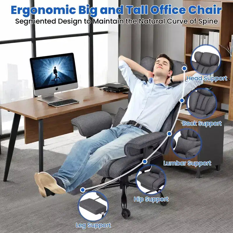 Fauteuil de bureau ergonomique en lin pour cadres, 200 kg, avec support lombaire massant 2 points