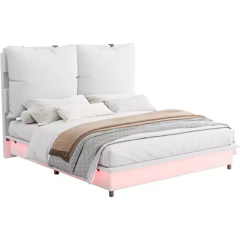 Cadre de lit LED avec tête de lit et coussins rembourrés amovibles