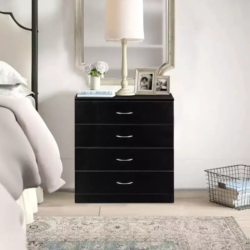 Commode à 4 tiroirs en panneaux de particules noirs, 66 cm (25,98 po) de large