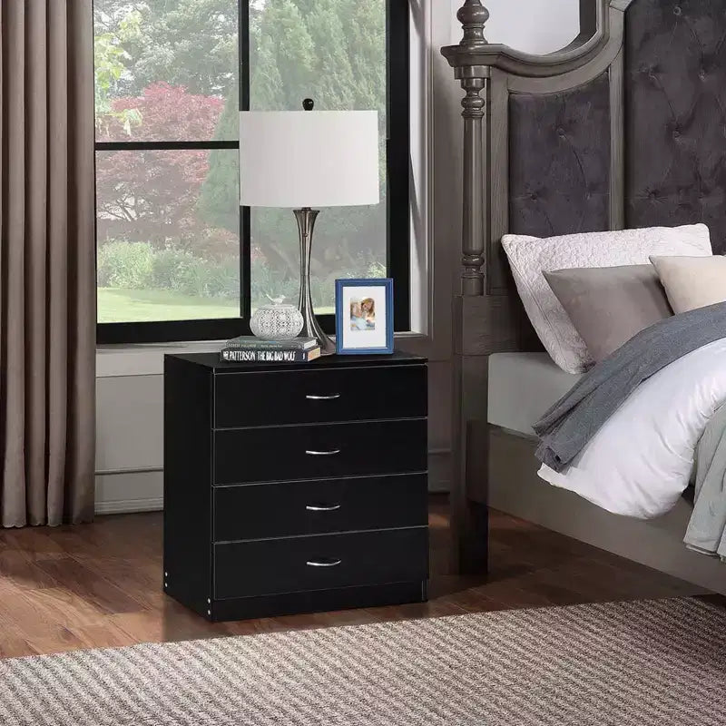 Commode à 4 tiroirs en panneaux de particules noirs, 66 cm (25,98 po) de large