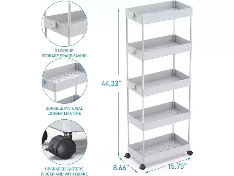 Chariot de rangement à roulettes 5 niveaux - Organiseur mobile multifonctionnel