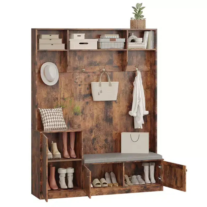 Portemanteau avec banc d'entrée, 4 casiers à chaussures, 4 patères