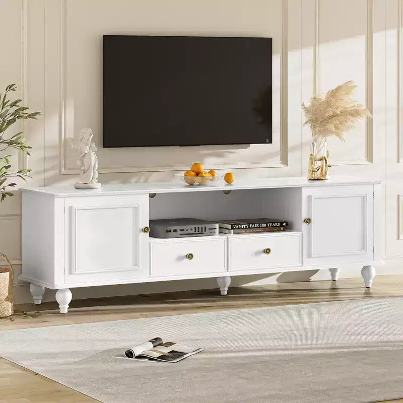 Meuble TV Moderne avec Compartiment Ouvert, 2 Tiroirs, 2 Portes et 5 Pieds Solides