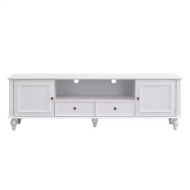 Meuble TV Moderne avec Compartiment Ouvert, 2 Tiroirs, 2 Portes et 5 Pieds Solides