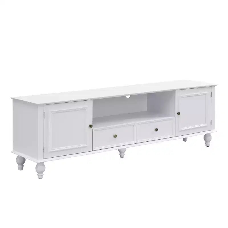 Meuble TV Moderne avec Compartiment Ouvert, 2 Tiroirs, 2 Portes et 5 Pieds Solides