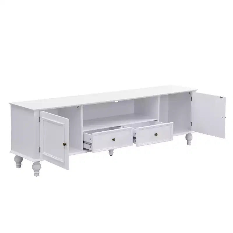 Meuble TV Moderne avec Compartiment Ouvert, 2 Tiroirs, 2 Portes et 5 Pieds Solides