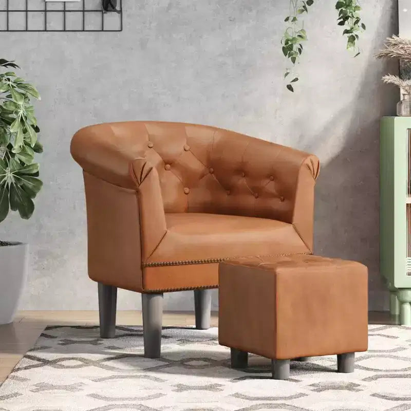 Fauteuil baignoire en similicuir marron avec pouf - Sièges modernes
