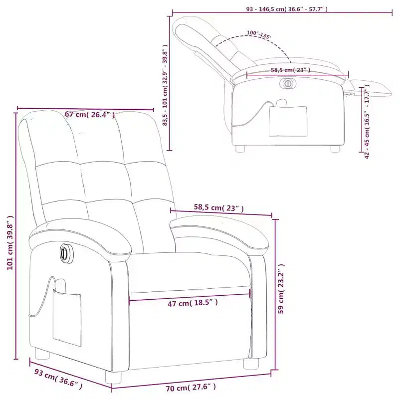 Fauteuil de massage électrique inclinable - Dossier à oreilles, tissu noir, réglage motorisé