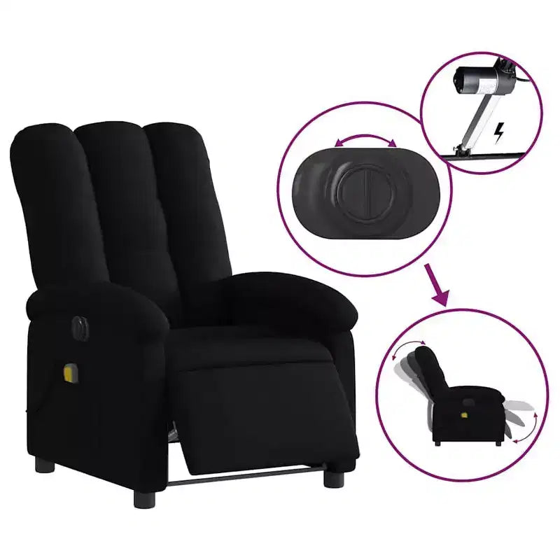 Fauteuil de massage électrique inclinable - Dossier à oreilles, tissu noir, réglage motorisé