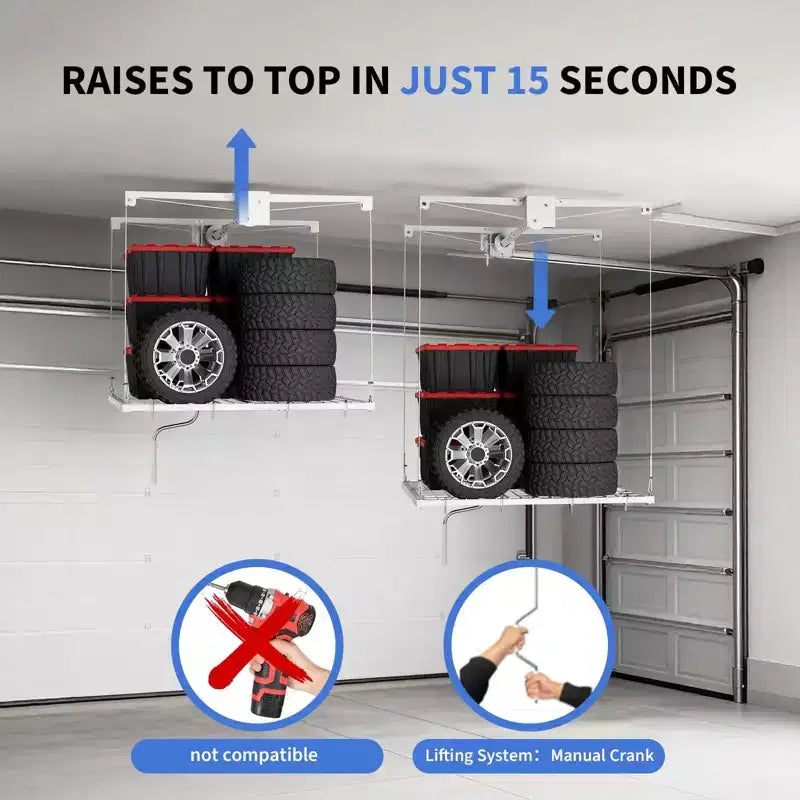 Support de rangement suspendu pour garage, capacité de 159 kg, levage à manivelle