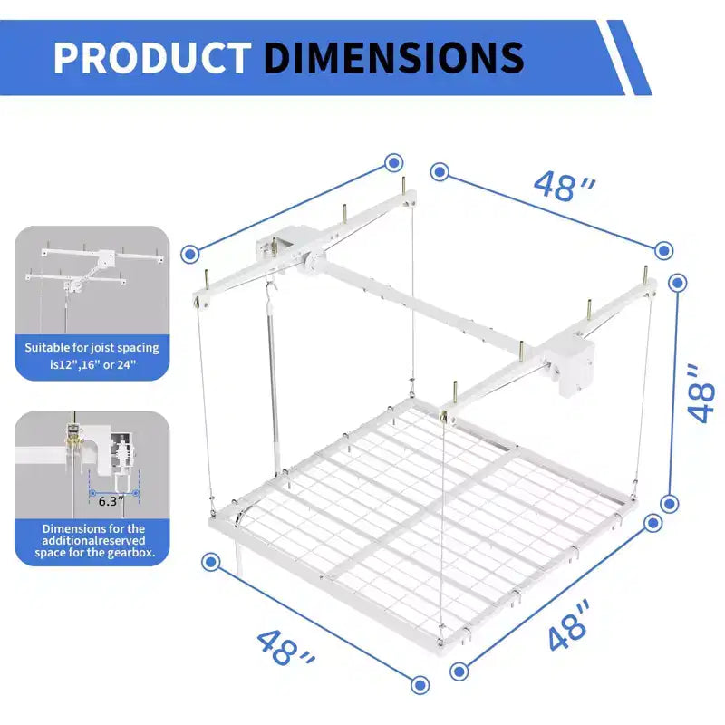 Support de rangement suspendu pour garage, capacité de 159 kg, levage à manivelle