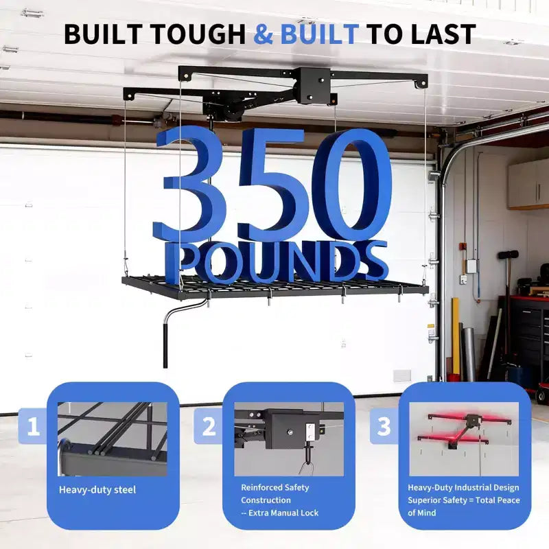 Support de rangement suspendu pour garage, capacité de 159 kg, levage à manivelle