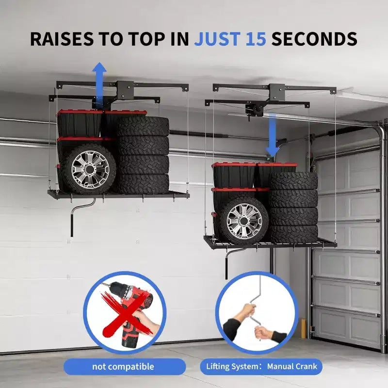 Support de rangement suspendu pour garage, capacité de 159 kg, levage à manivelle