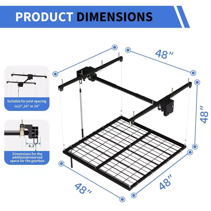 Support de rangement suspendu pour garage, capacité de 159 kg, levage à manivelle