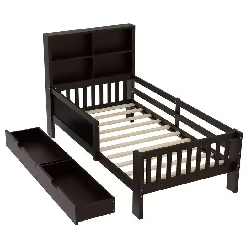Lit plateforme double/grand format avec tiroirs de rangement et étagères, lit de rangement en bois