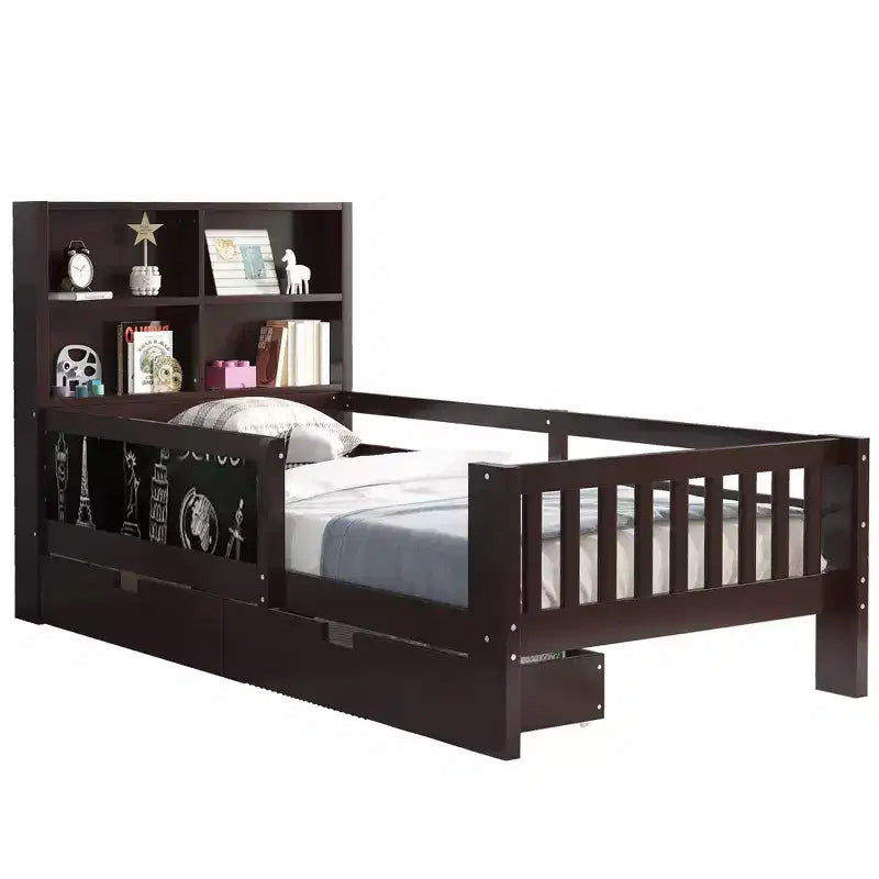 Lit plateforme double/grand format avec tiroirs de rangement et étagères, lit de rangement en bois