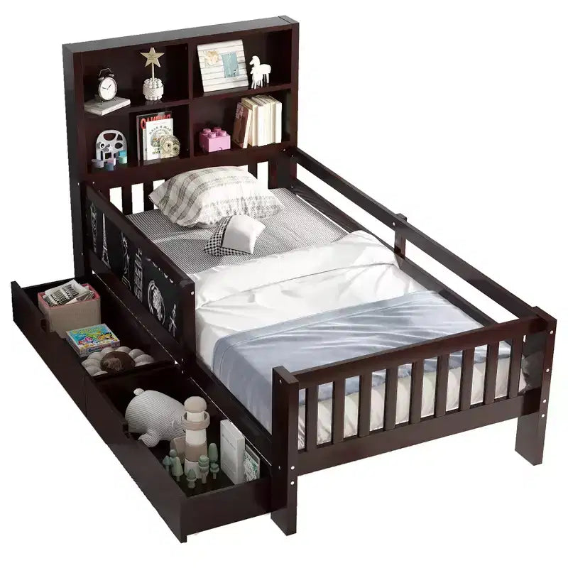 Lit plateforme double/grand format avec tiroirs de rangement et étagères, lit de rangement en bois