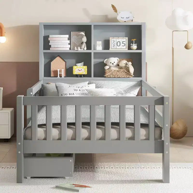 Lit plateforme double/grand format avec tiroirs de rangement et étagères, lit de rangement en bois