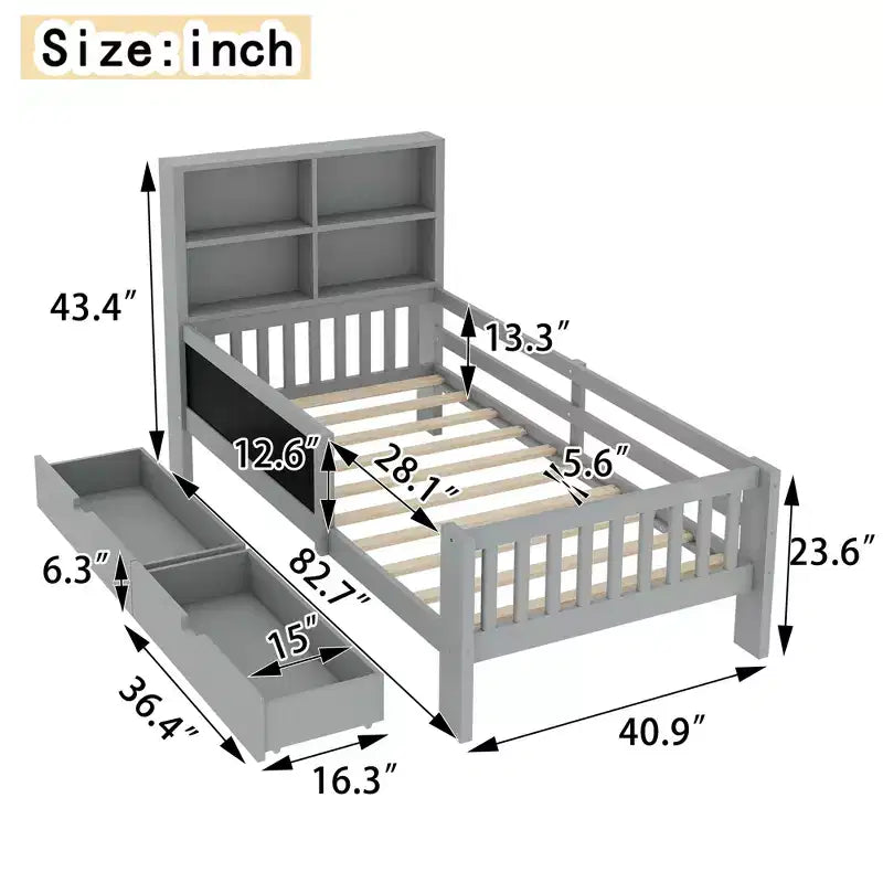 Lit plateforme double/grand format avec tiroirs de rangement et étagères, lit de rangement en bois