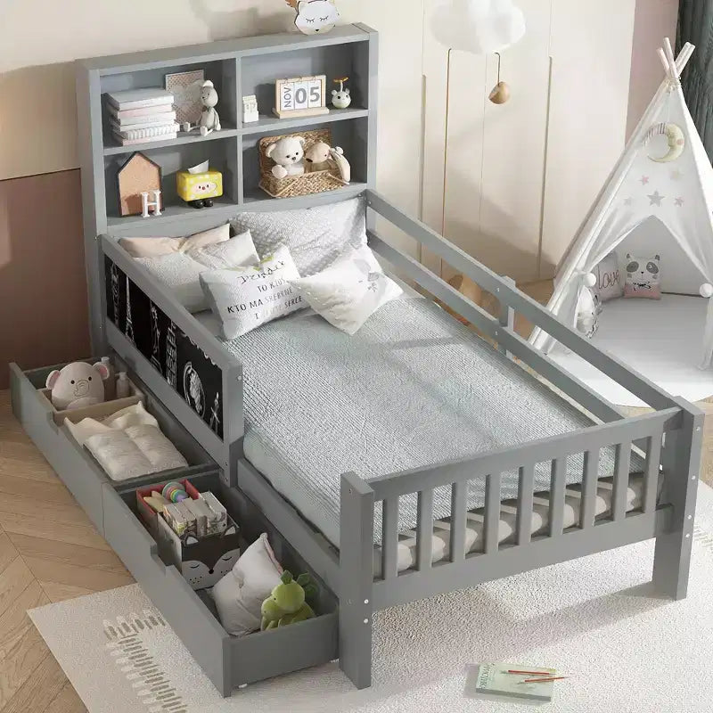 Lit plateforme double/grand format avec tiroirs de rangement et étagères, lit de rangement en bois