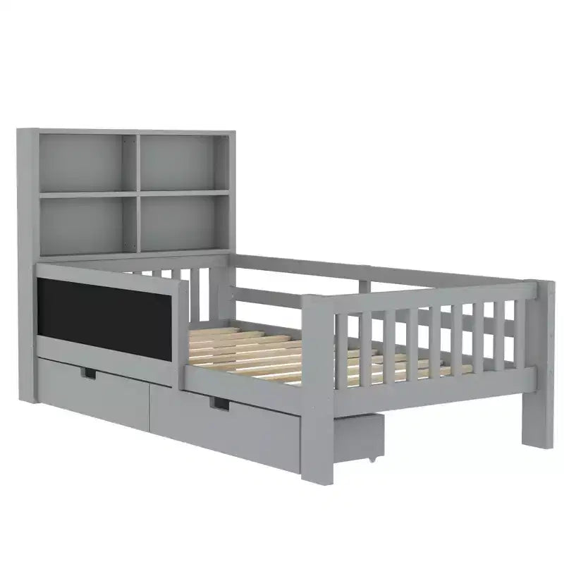 Lit plateforme double/grand format avec tiroirs de rangement et étagères, lit de rangement en bois