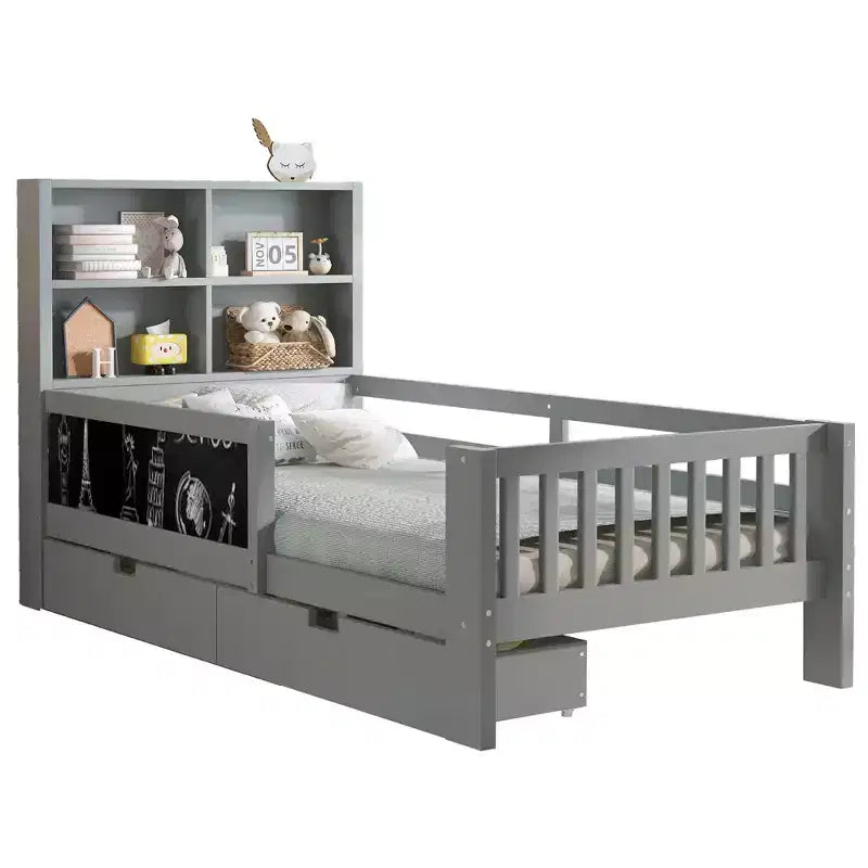 Lit plateforme double/grand format avec tiroirs de rangement et étagères, lit de rangement en bois
