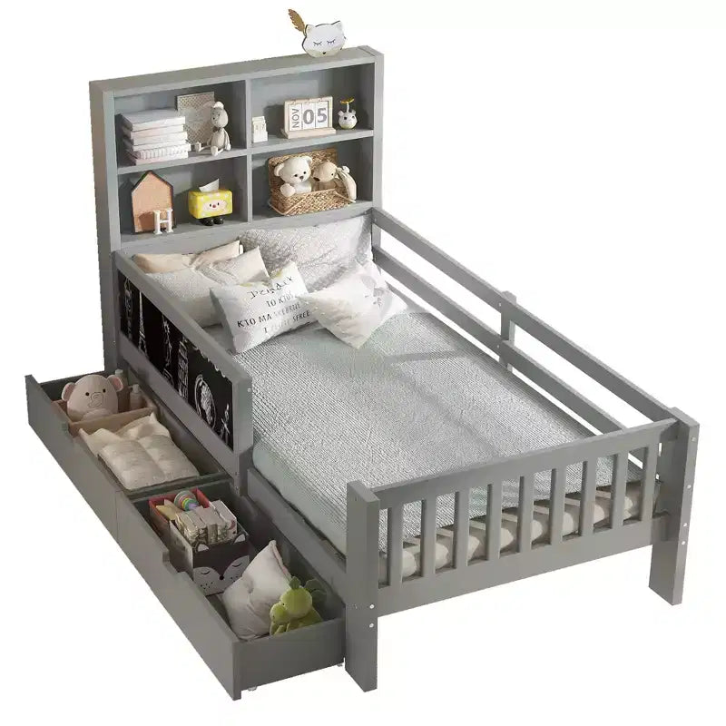 Lit plateforme double/grand format avec tiroirs de rangement et étagères, lit de rangement en bois