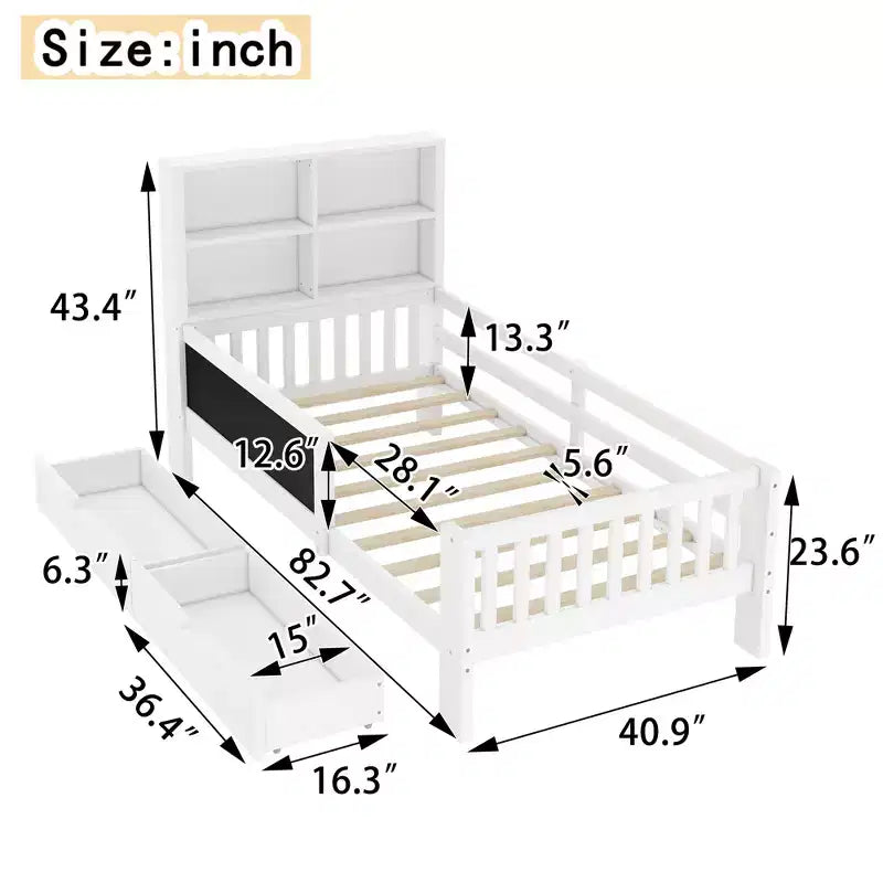 Lit plateforme double/grand format avec tiroirs de rangement et étagères, lit de rangement en bois